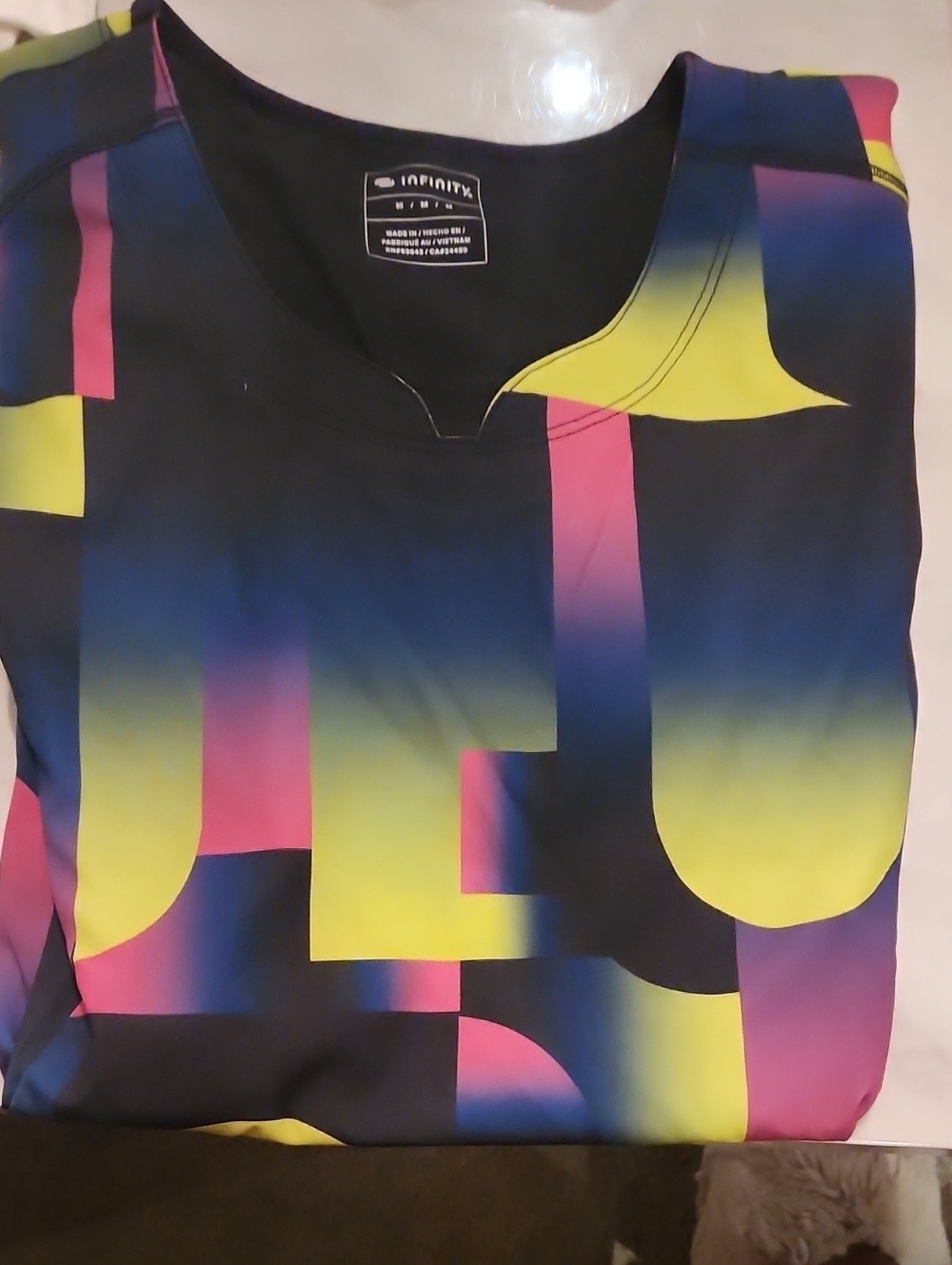 Womens Scrub Top Gradient Graphic Crew Shirt - Black with Yellow & Pink Accents